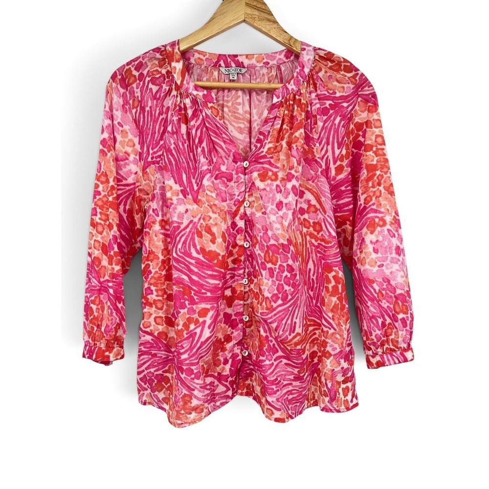 NIC+ZOE Pink Orange Abstract Animal Print Button Down Blouse Top Womens M